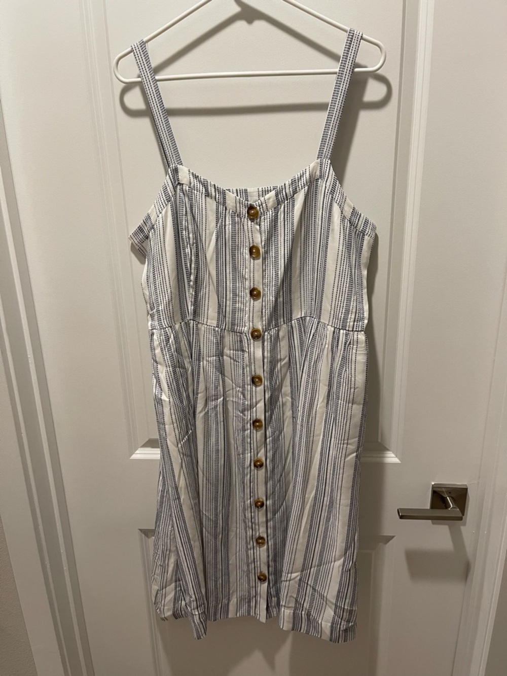 LOFT Button Front White and Blue Striped Dress